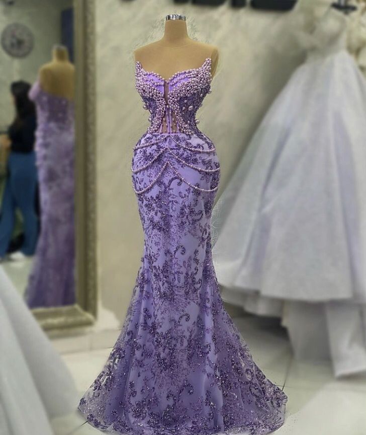 Purple Mermaid Evening Dress Beaded Formal Prom Gown fg7065