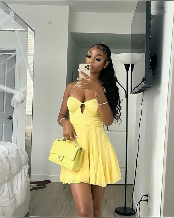 Yellow A-Line Short Party Dress Straps Homecoming Dress fg5350