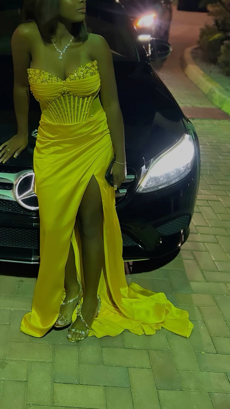 Yellow Mermaid Long Prom Dress Evening Party Dress With Slit fg7038