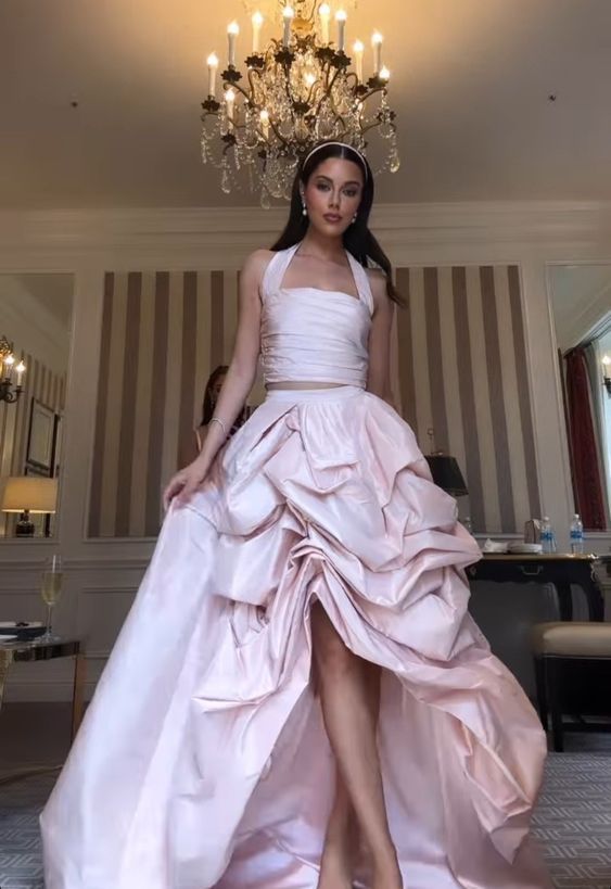 Glamorous Two Pieces Light pink Satin long prom dress fg7128
