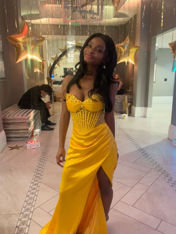 Yellow Mermaid Long Prom Dress Evening Party Dress With Slit fg7038