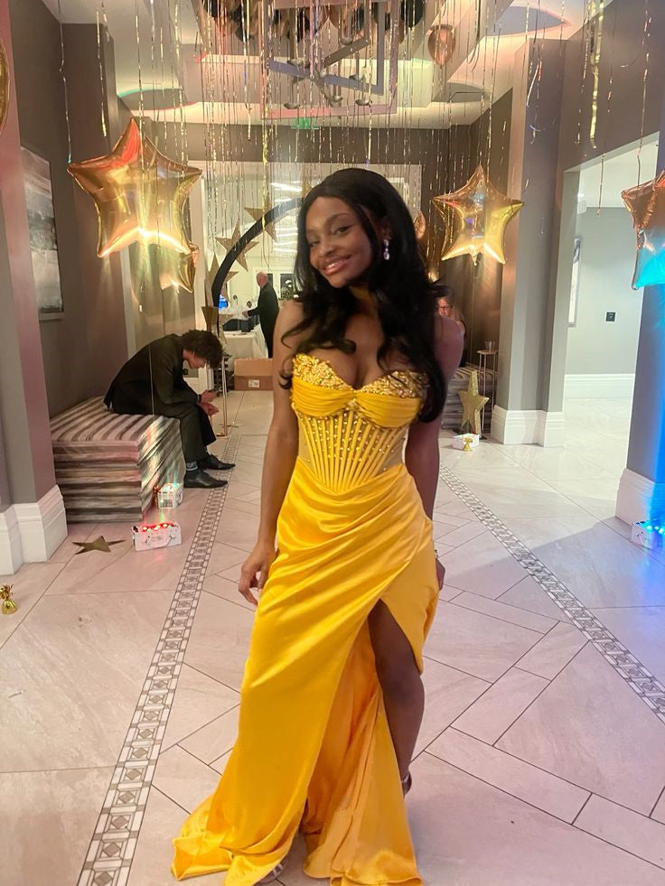 Yellow Mermaid Long Prom Dress Evening Party Dress With Slit fg7038