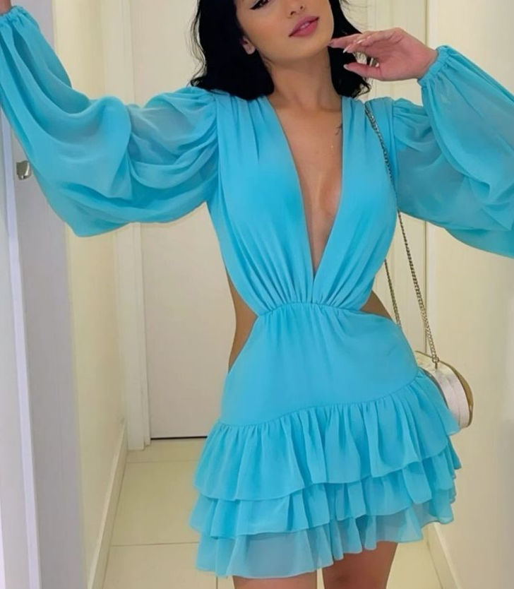 Fashion Long Sleeves Chiffon Dress Deep V Neck Short Prom Party Gown fg6260