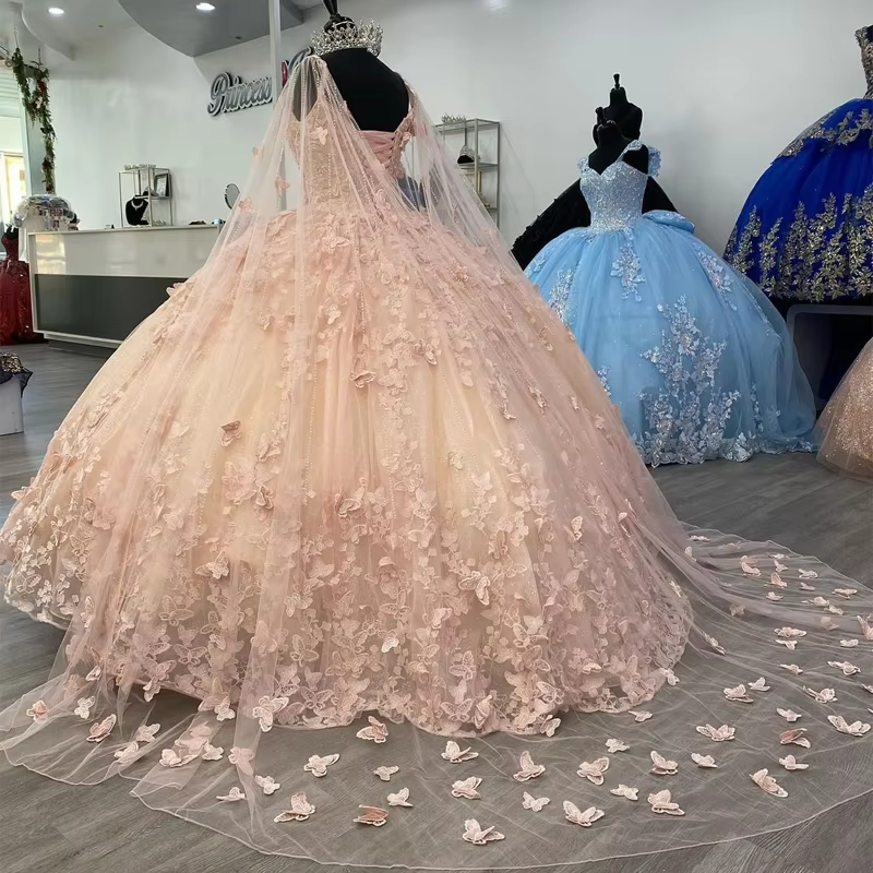 A Line Light Pink Tulle Prom Dress Puffy Quinceanera Dresses Ball Gown fg3965