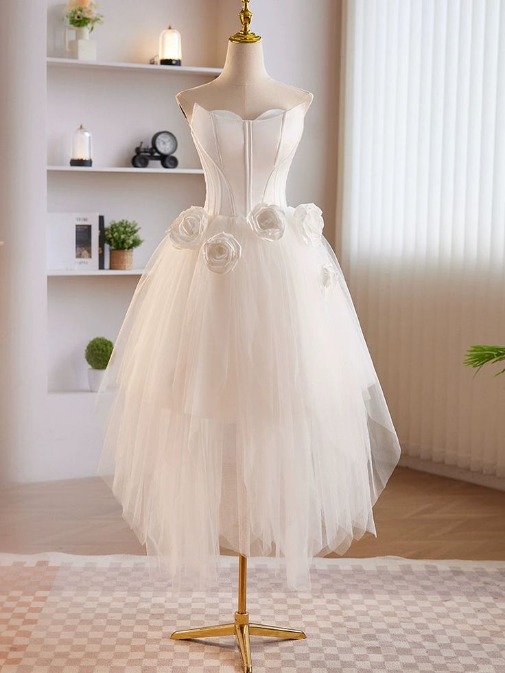 Unique White Tulle Satin Short Prom Dress, White Homecoming Dress fg6369