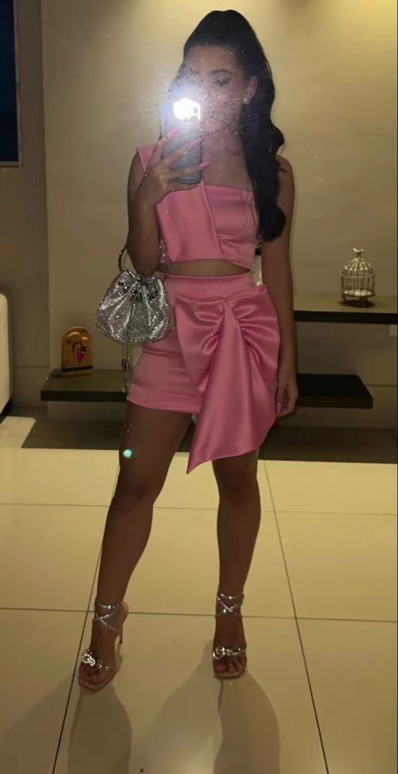 Pink Two Piece Sheath Short Prom Dress Homecoming Party Dress fg5538