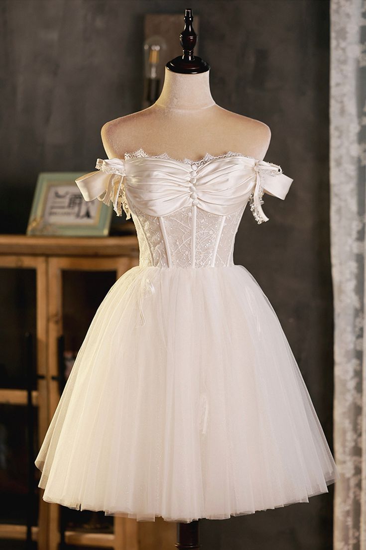A-Line Tulle Short Prom Dress, Cute Off the Shoulder Party Dresses fg5824