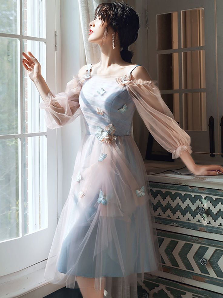 Lovely Light Blue And Pink Tea Length Graduation Dresses, Pink Short Prom Dresses fg5972