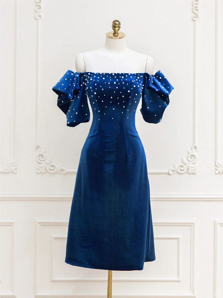 Homecoming Dresses,blue Velvet Beads Short Prom Dress, Blue Cocktail Dress fg6425