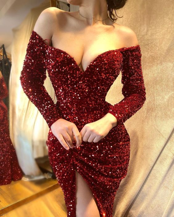 Short Prom Dresses Sequin Long Sleeve Sheath Party Dress fg6268