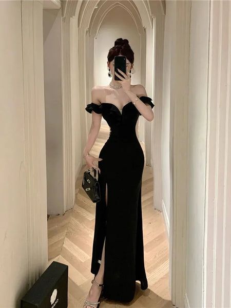 Ruffled Off Shoulder Strapless Black Evening Dress fg6197