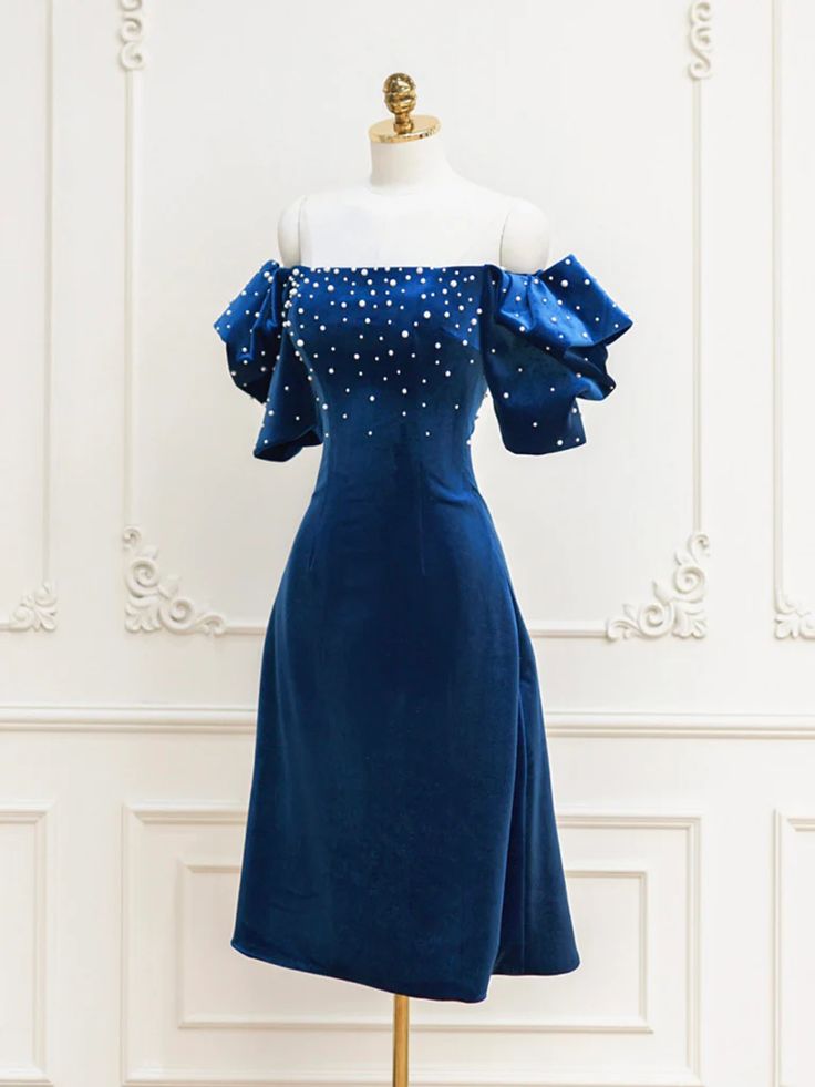 Homecoming Dresses,blue Velvet Beads Short Prom Dress, Blue Cocktail Dress fg6425