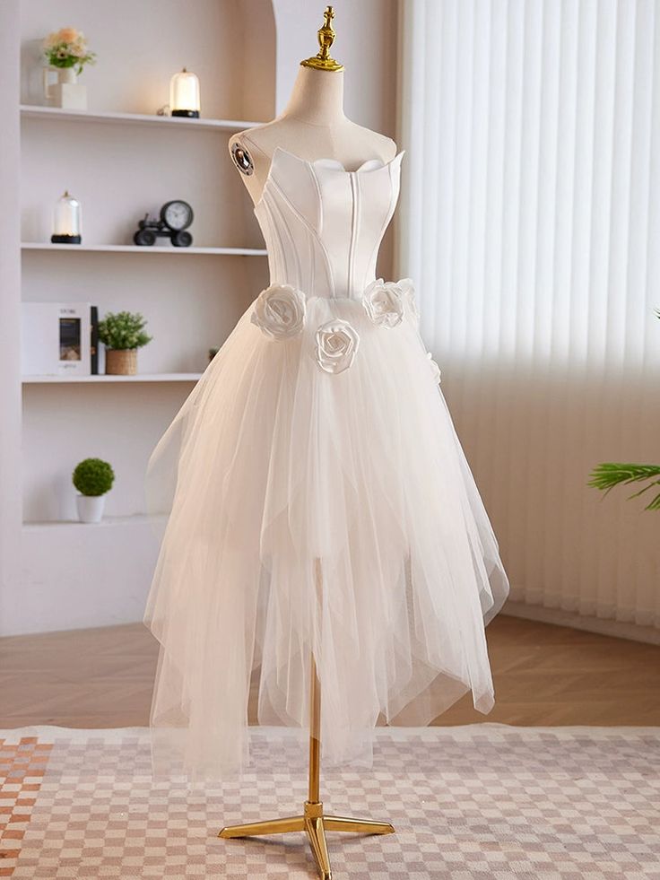 Unique White Tulle Satin Short Prom Dress, White Homecoming Dress fg6369