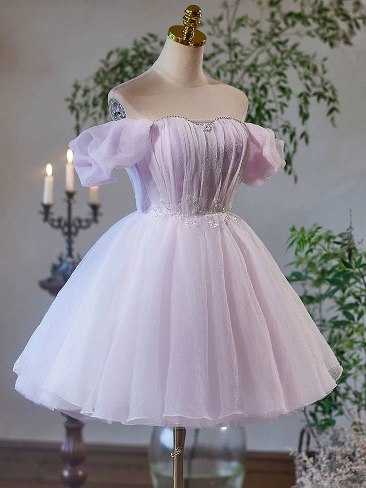 A-Line Sweetheart Neck Tulle Purple Short Prom Dress, Purple Homecoming Dress fg6141