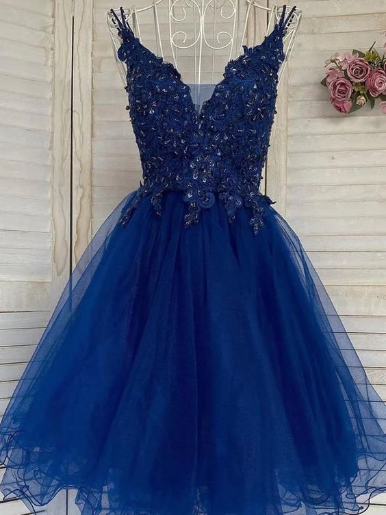 V Neck Blue Tulle Lace Short Prom Dresses, V Neck Blue Tulle Lace Short Formal Evening Dresses fg6315