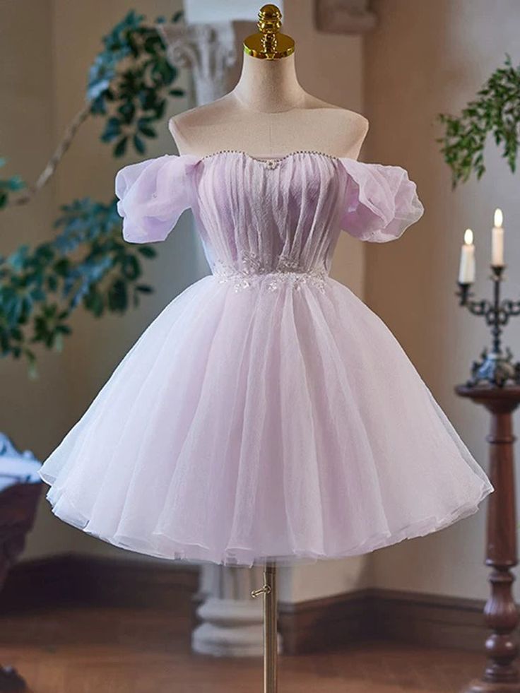 A-Line Sweetheart Neck Tulle Purple Short Prom Dress, Purple Homecoming Dress fg6141