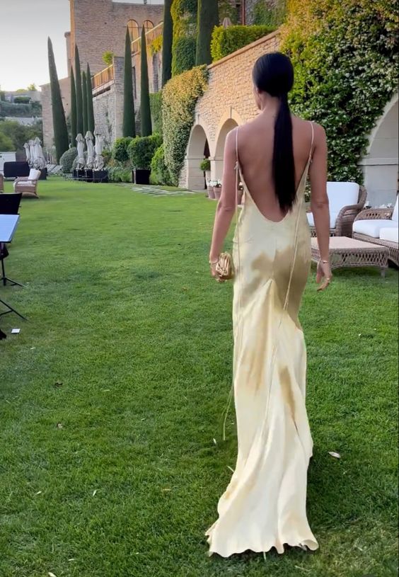 Yellow satin backless long prom evening dresses fg6718