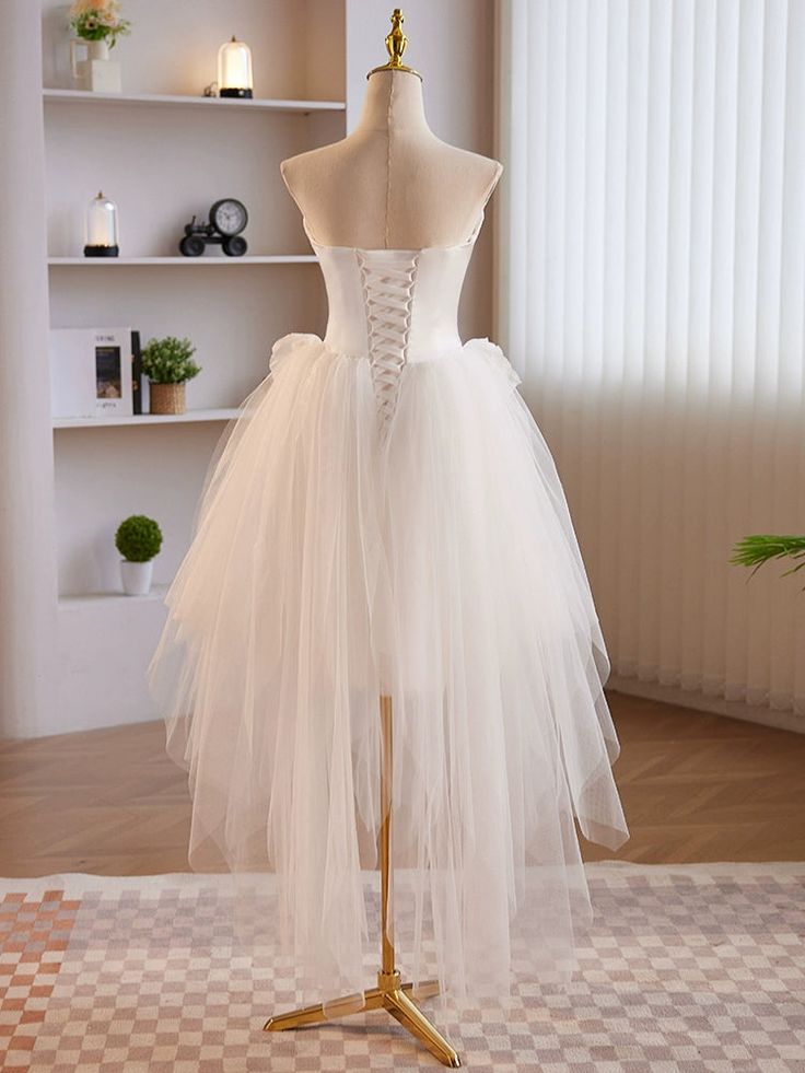 Unique White Tulle Satin Short Prom Dress, White Homecoming Dress fg6369