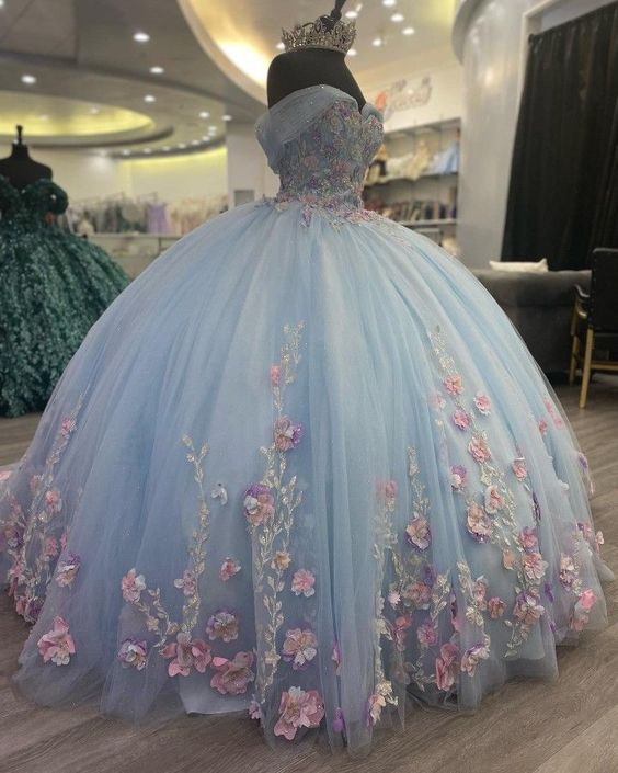 Light Blue Puffy Ball Gown Quinceanera Dresses Off Shoulder Flower Corset Sweet 16 Dress fg5683