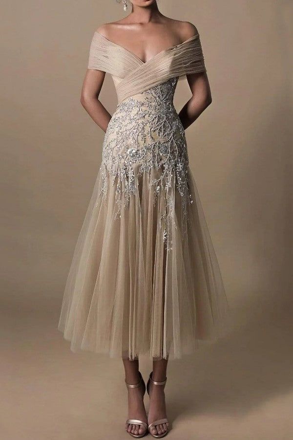 Elegant Lace Appliques Women's Prom Dress Fashion Off Shoulder A-line Princess Sleeveless Dress fg5605