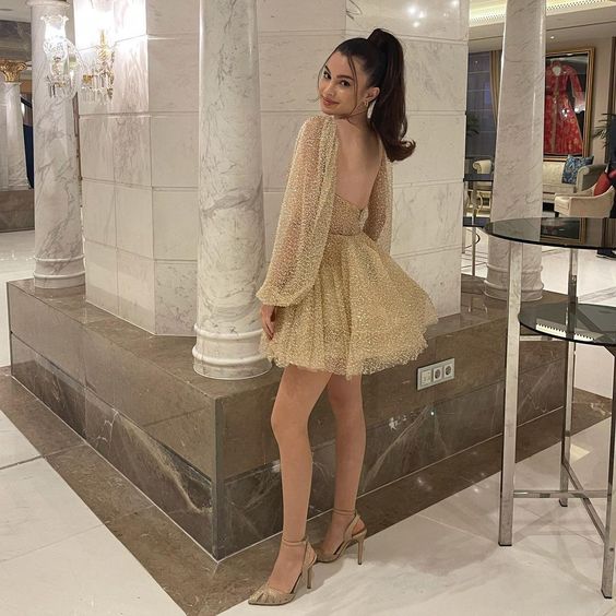 Sparkly Gold Short Homecoming Dresses Mini Skirt Puff Long Sleeves Short Prom Dresses fg5477
