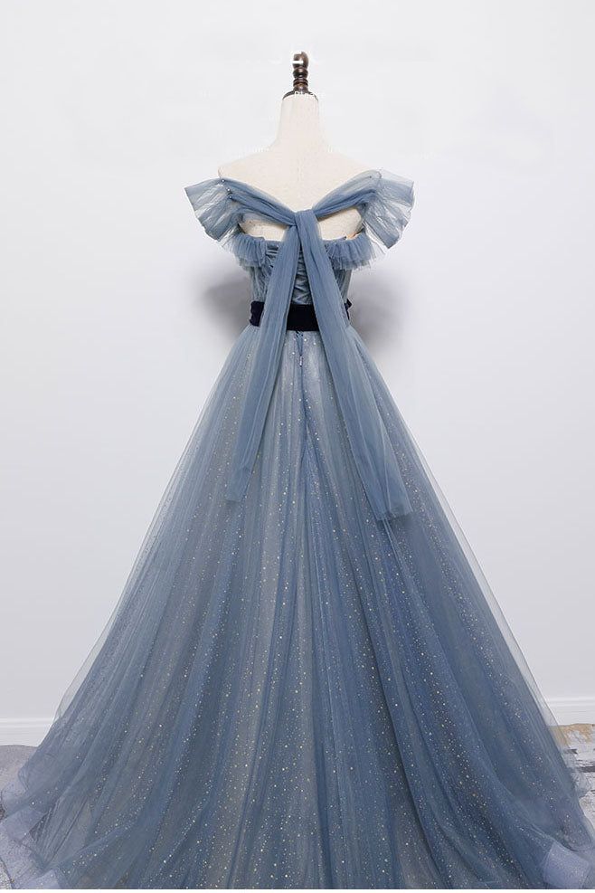 Blue off the shoulder tulle long prom dress , sparkling formal dress fg5442