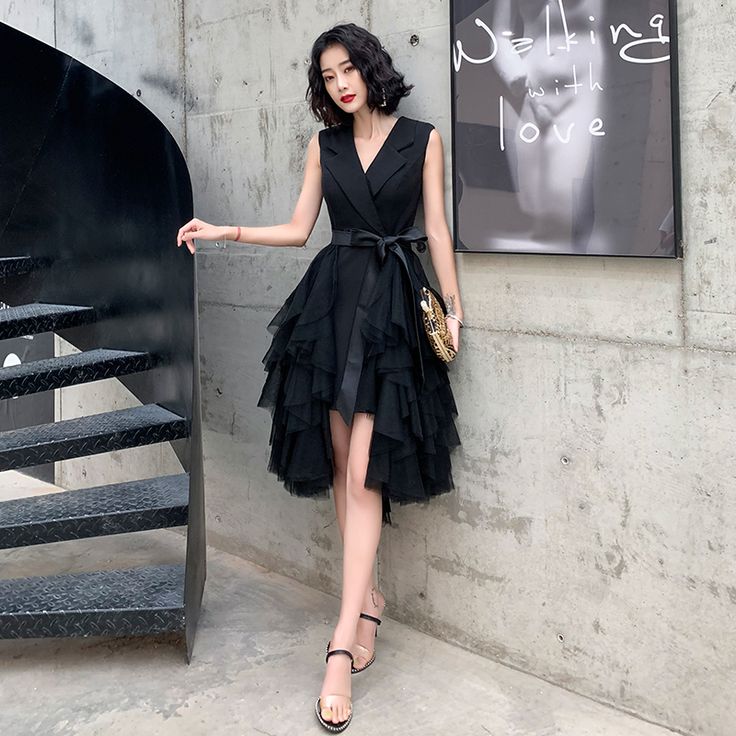 Black v neck short prom dress, evening dress fg5973
