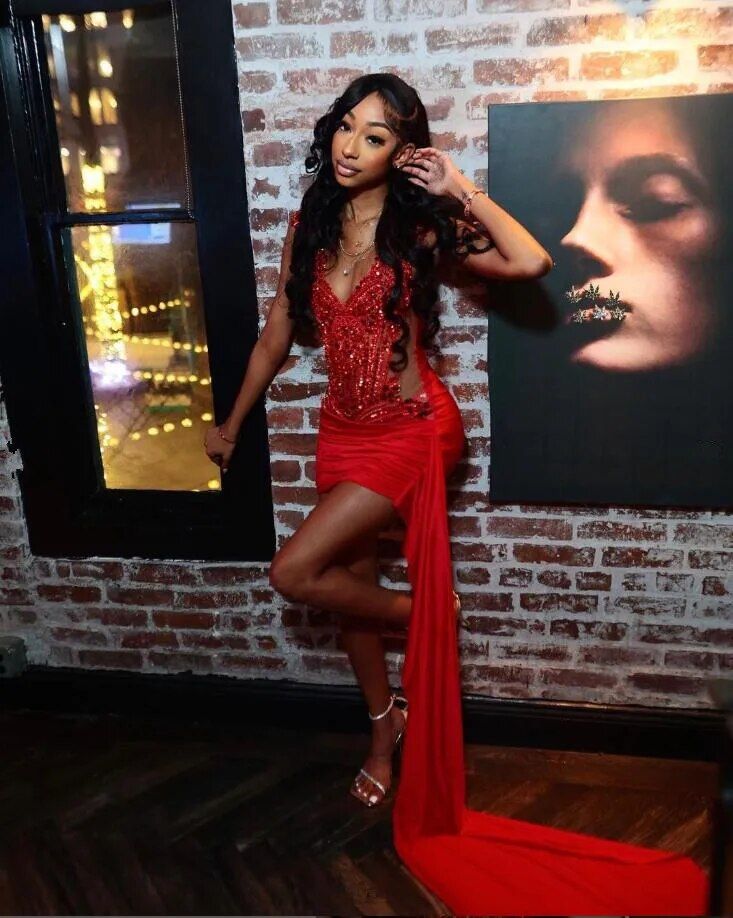 Red Sparkly Short Prom Homecoming Dresses with Side Train Luxury Diamond Crystal Birthday Party Gown fg5499
