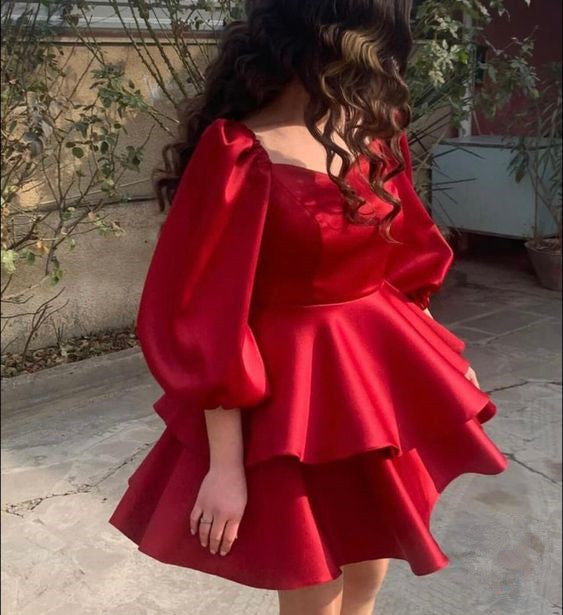 Lovely Red Short Prom Dresses A Line Puff Long Sleeves Tiers Skirt Homecoming Graduation Dress fg5958