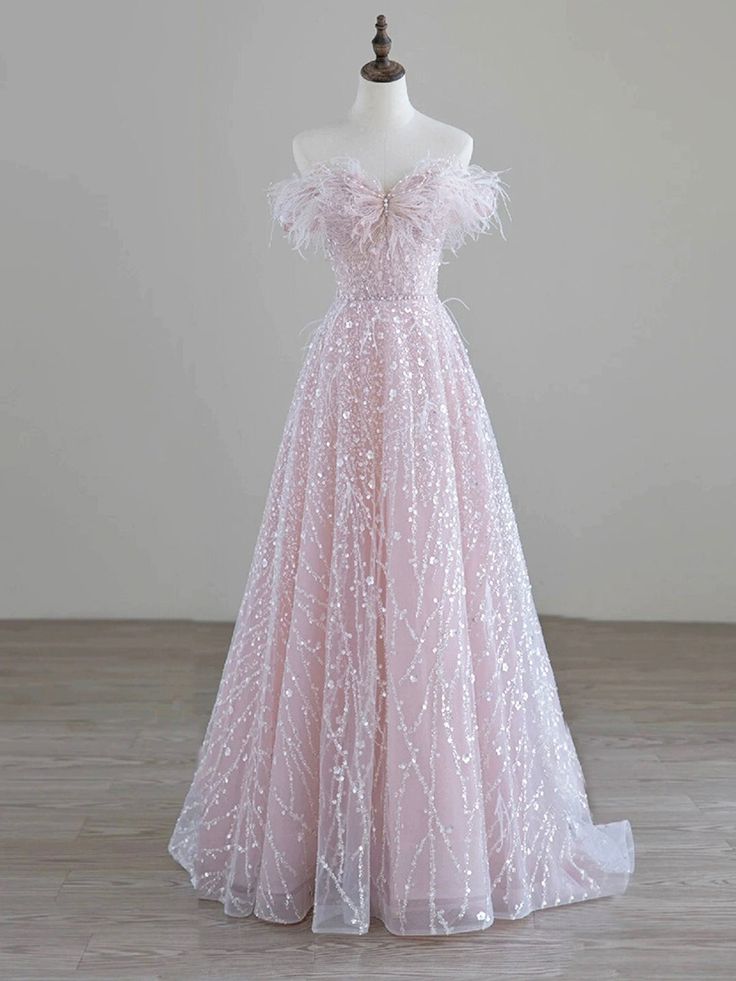 Sparkling Tulle Sequin Long Prom Dress, Off the Shoulder Evening Party Dress fg5438