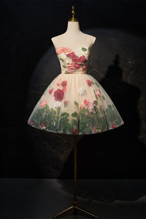 Cute Scoop Neck Short Prom Dress with Flowers, A-Line Party Dress fg5909