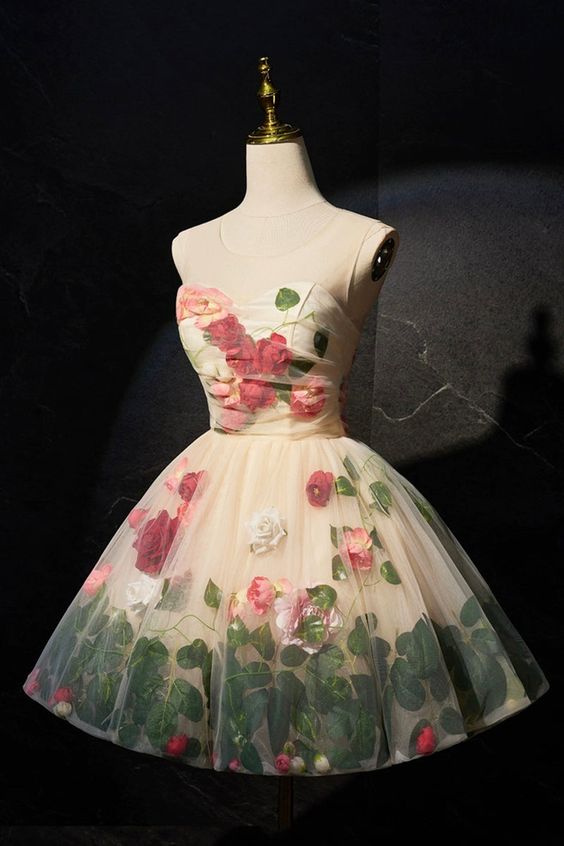 Cute Scoop Neck Short Prom Dress with Flowers, A-Line Party Dress fg5909