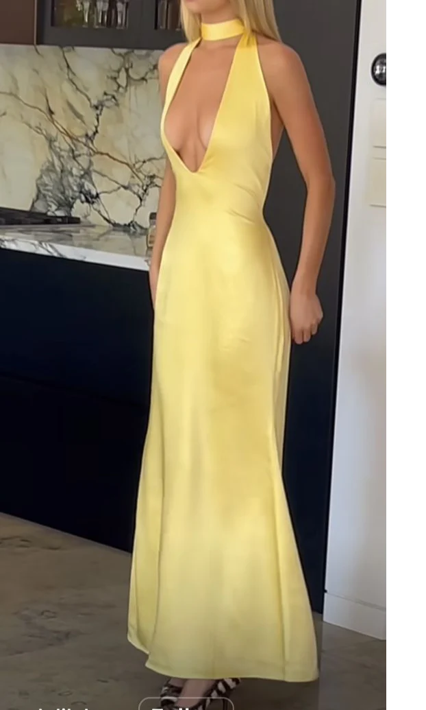 Yellow Deep V Neck Backless Sheath Long Party Dress Prom Dresses fg7132