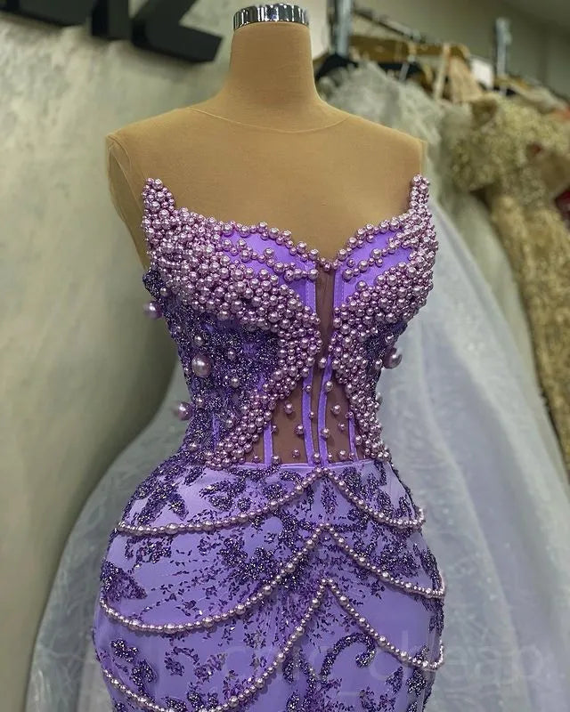 Purple Mermaid Evening Dress Beaded Formal Prom Gown fg7065