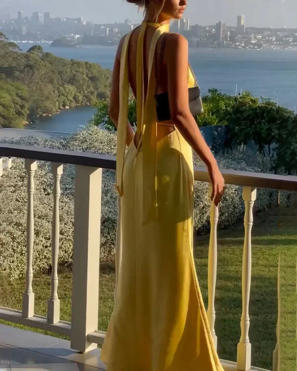 Yellow Deep V Neck Backless Sheath Long Party Dress Prom Dresses fg7132