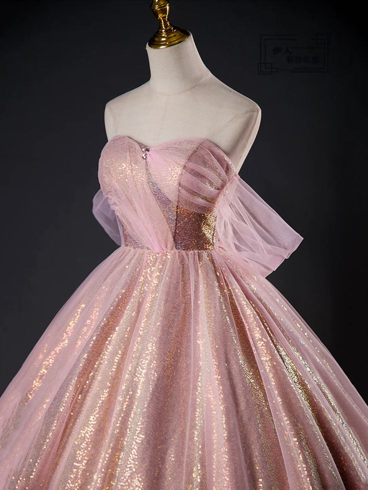Pink Tulle Sequins Long Prom Dress, Pink Tulle Long Formal Evening Gowns fg4420