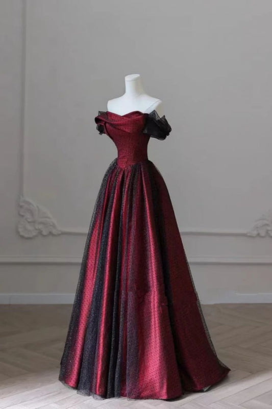 Black and Red Off Shoulder Satin Long Prom Dress, Off the Shoulder Party Dress      fg5176