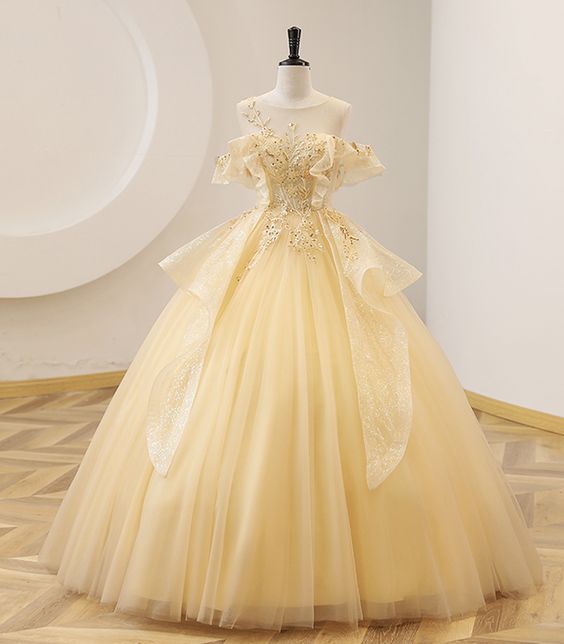YELLOW BALL GOWN BEADED SWEET 16 DRESS, YELLOW LONG PROM DRESS FORMAL DRESS fg5012