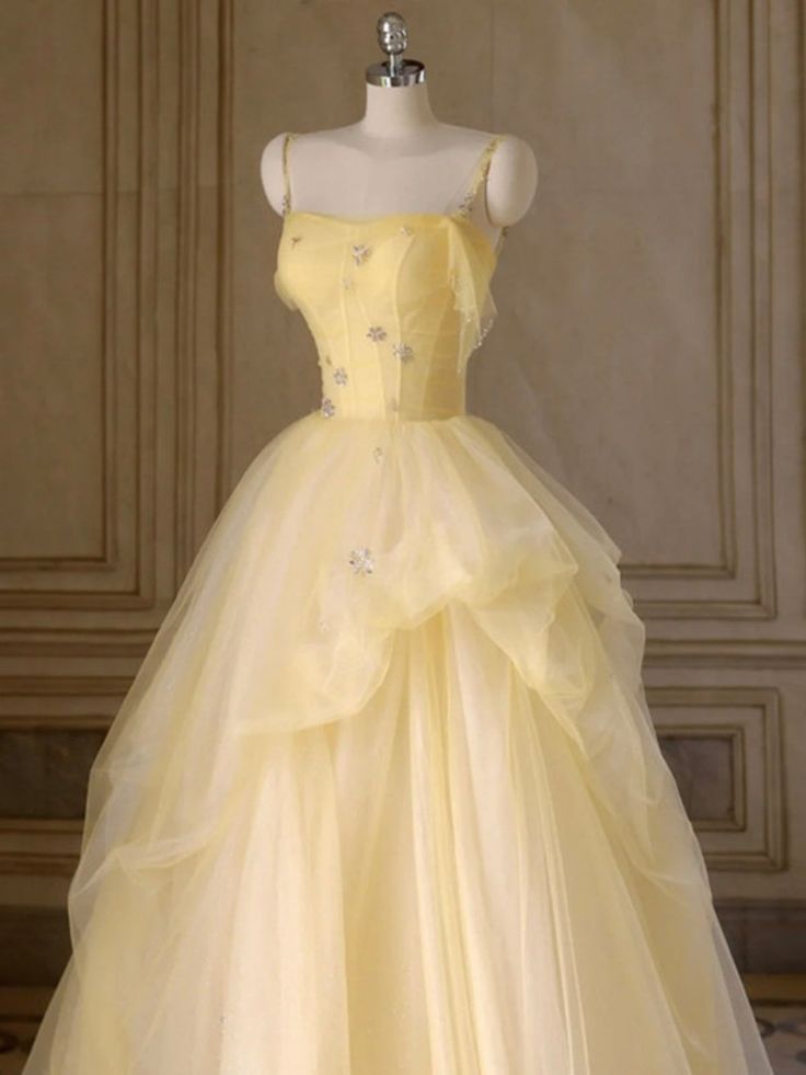A Line Spaghetti Straps Layered Yellow Long Prom Dresses, Yellow Tulle Formal Evening Dresses, Ball Gown fg5006