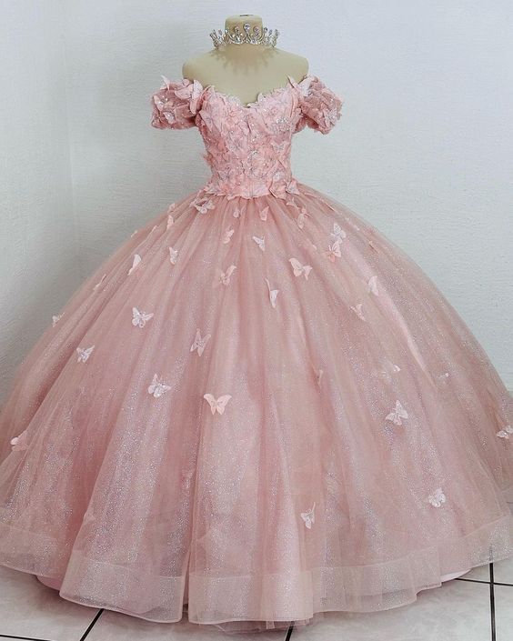 Pink Quinceanera Dresses With Butterflies Girls Sweet 15 Birthday Party Ball Gown Dress fg4451
