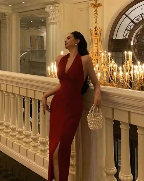 Deep V Neck Red Sheath Long Prom Dress With Slit Halter Evening Party Dress fg5254