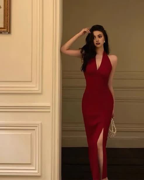 Deep V Neck Red Sheath Long Prom Dress With Slit Halter Evening Party Dress fg5254