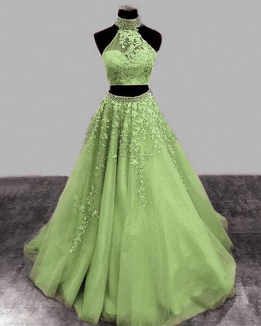 Sage Green Prom Dresses Two Piece Lace Embroidery Beaded Halter Formal Dress fg4541