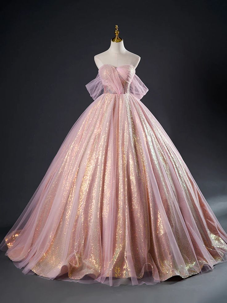 Pink Tulle Sequins Long Prom Dress, Pink Tulle Long Formal Evening Gowns fg4420
