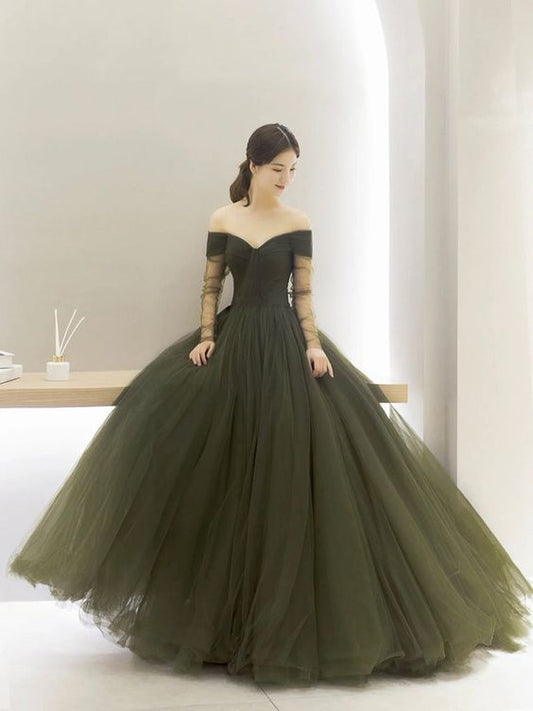 Green Tulle Long A-Line Prom Dress, Off the Shoulder Long Sleeve Tulle Party Dress       fg5227
