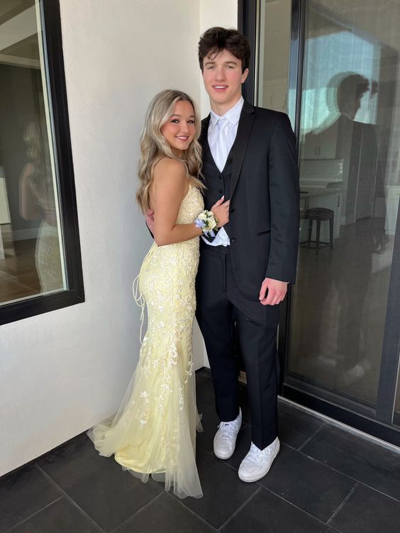 Yellow Lace Prom Dress Spaghetti Straps Prom Dress fg4844