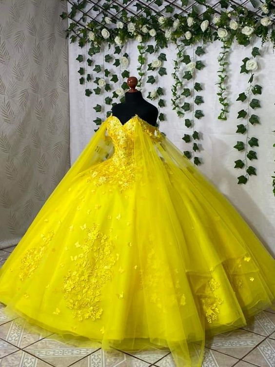 Yellow lace quince dress off shoulder cinderella prom ball gown fg4655