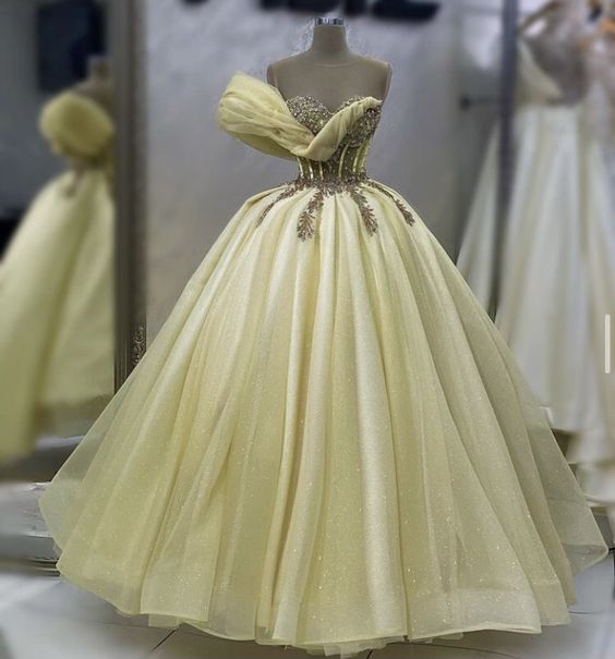 A-Line Yellow Tulle Long Prom Dress, Long Evening Dresses fg4408