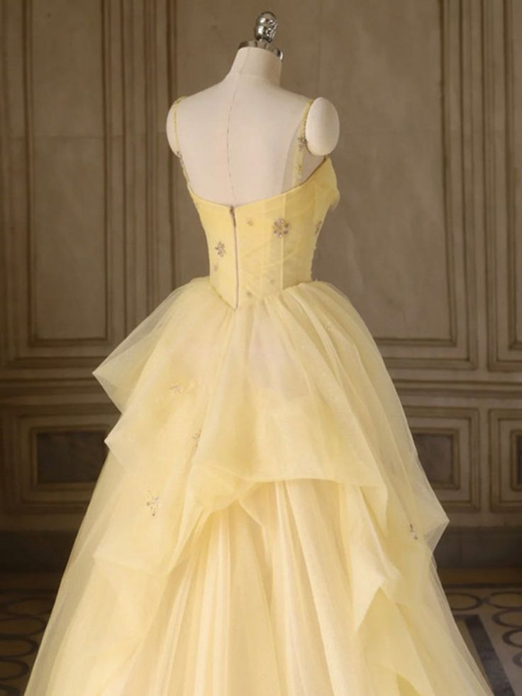 A Line Spaghetti Straps Layered Yellow Long Prom Dresses, Yellow Tulle Formal Evening Dresses, Ball Gown fg5006
