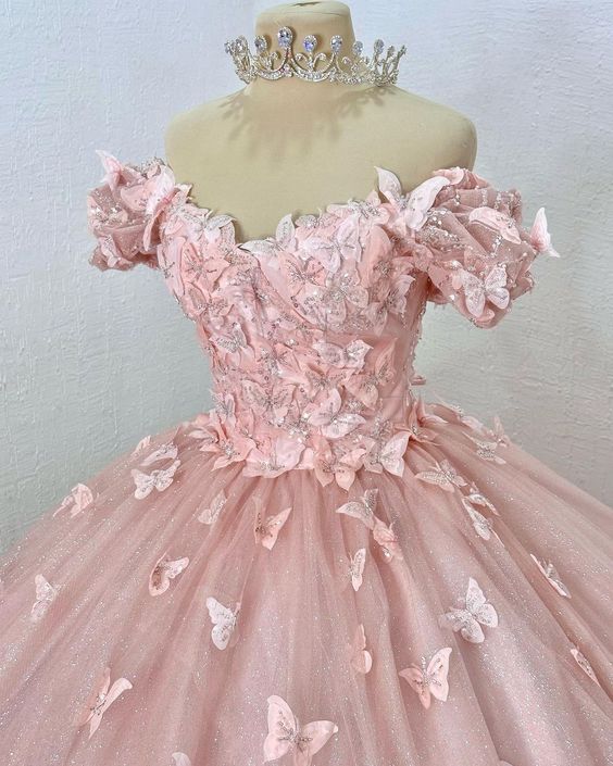 Pink Quinceanera Dresses With Butterflies Girls Sweet 15 Birthday Party Ball Gown Dress fg4451